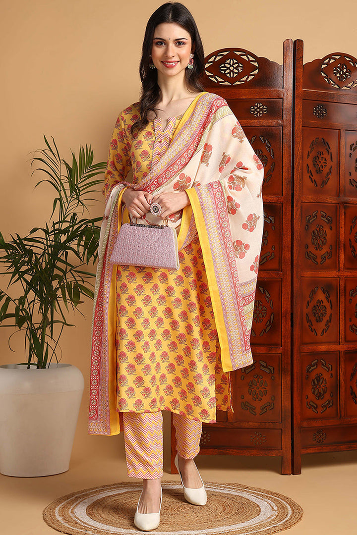 Yellow-Rayon-Blend-Floral-Printed-Straight-Kurta-Set