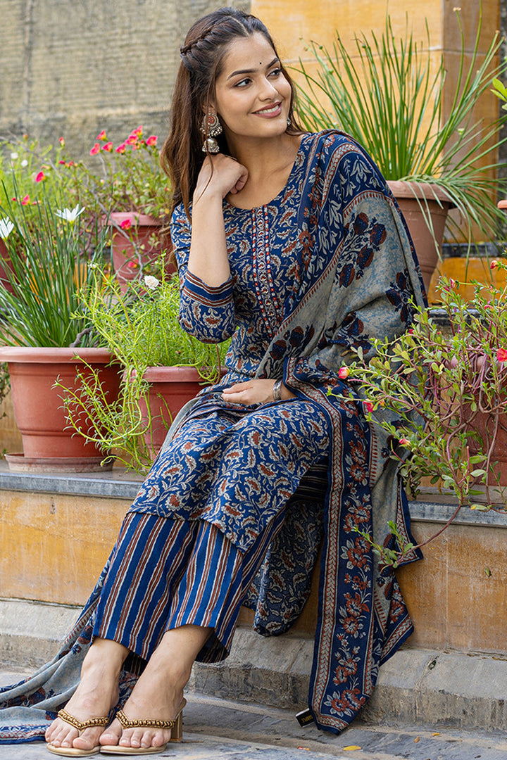 Blue Viscose Rayon Floral Embroidered Straight Suit Set