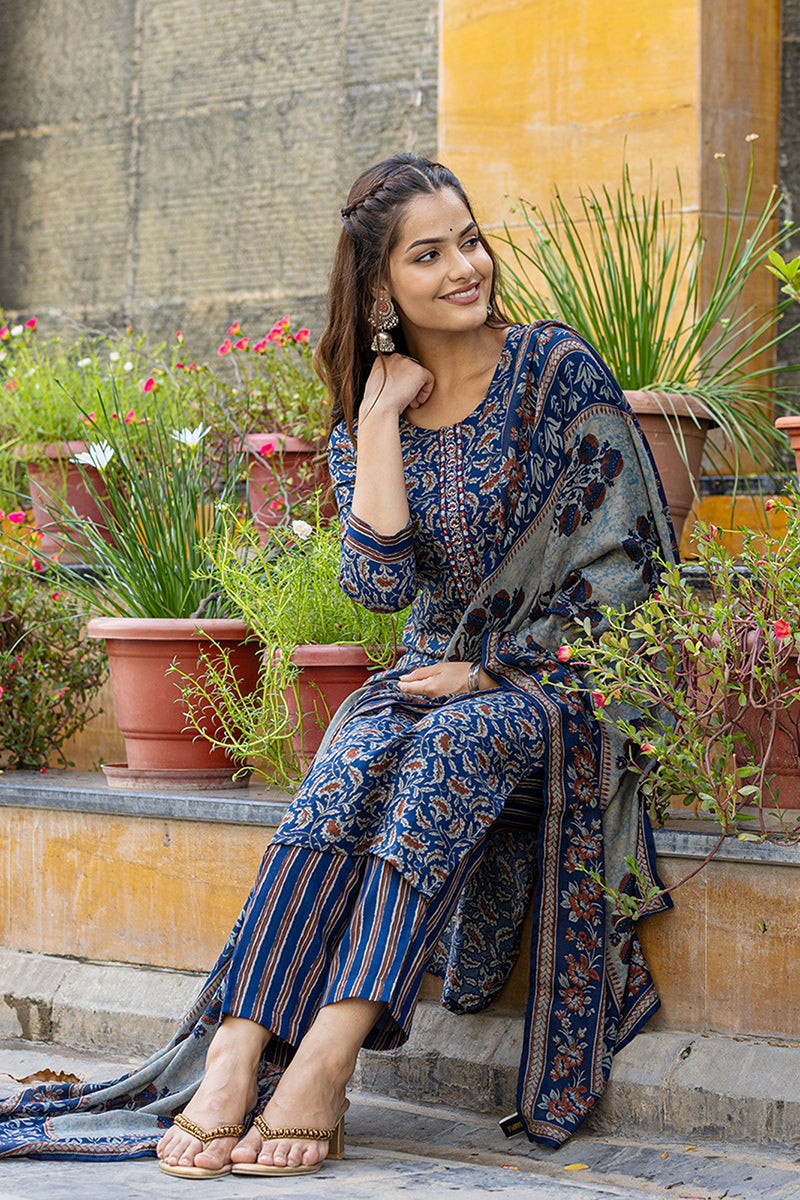 Blue Viscose Rayon Floral Embroidered Straight Suit Set