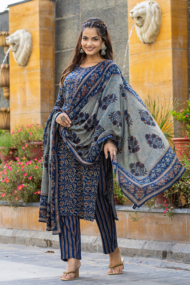 Blue Viscose Rayon Floral Embroidered Straight Suit Set