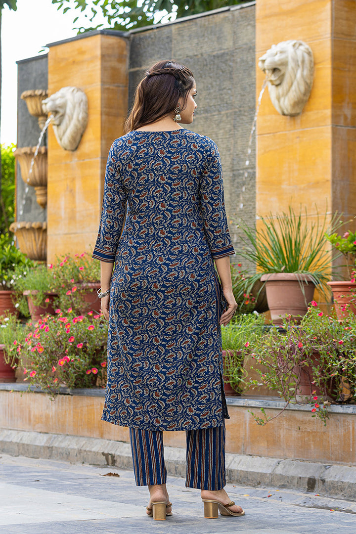 Blue Viscose Rayon Floral Embroidered Straight Suit Set