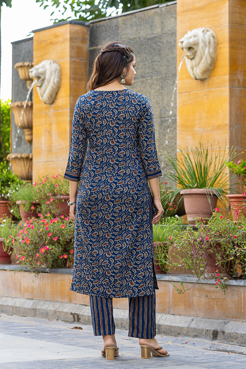 ZERESOUQ-Blue-Viscose-Rayon-Floral-Embroidered-Straight-Suit-Set
