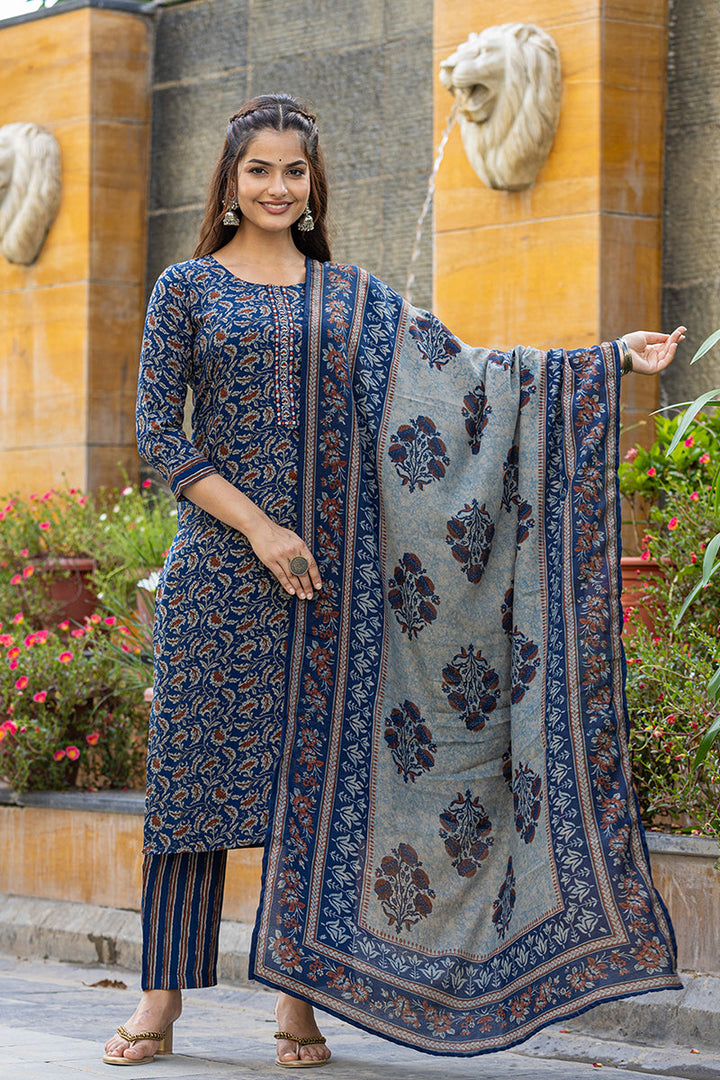 Blue Viscose Rayon Floral Embroidered Straight Suit Set