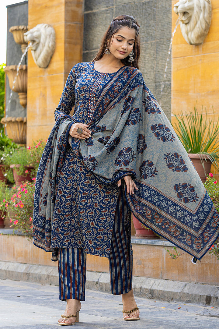 Blue Viscose Rayon Floral Embroidered Straight Suit Set