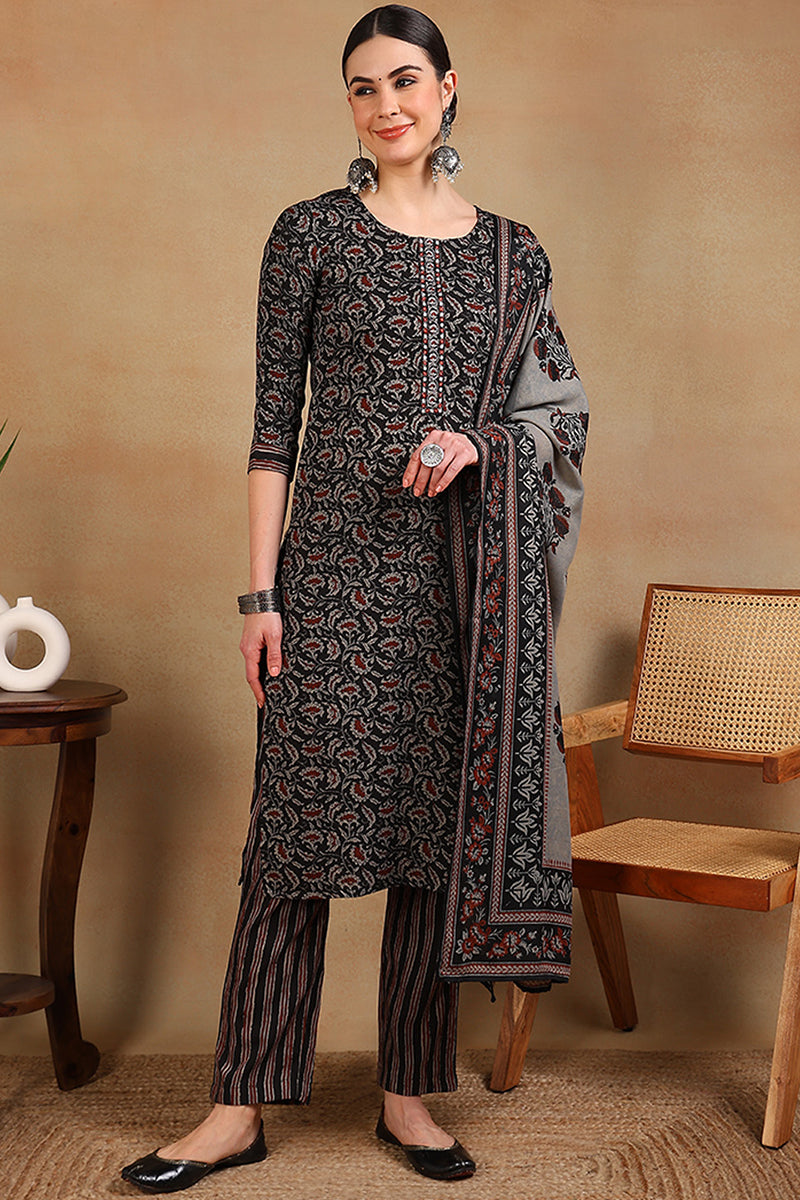 Black-Rayon-Blend-Floral-Embroidered-Straight-3-Piece-Kurta-Set