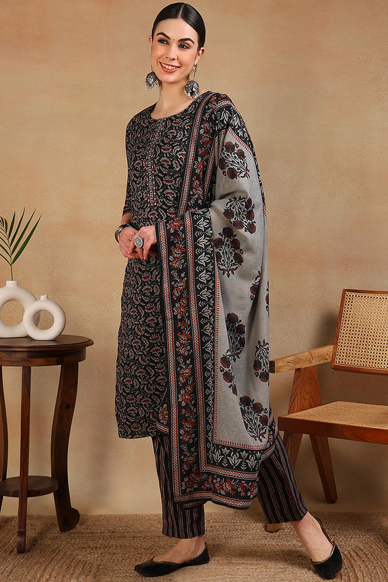 Black-Rayon-Blend-Floral-Embroidered-Straight-3-Piece-Kurta-Set