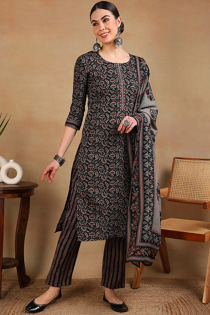 Black-Rayon-Blend-Floral-Embroidered-Straight-3-Piece-Kurta-Set