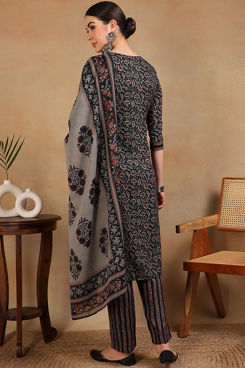Black-Rayon-Blend-Floral-Embroidered-Straight-3-Piece-Kurta-Set
