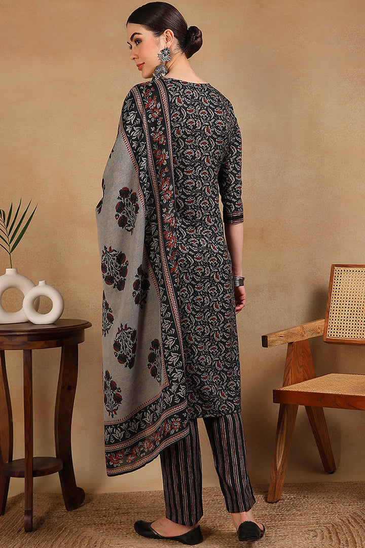 Black-Rayon-Blend-Floral-Embroidered-Straight-3-Piece-Kurta-Set
