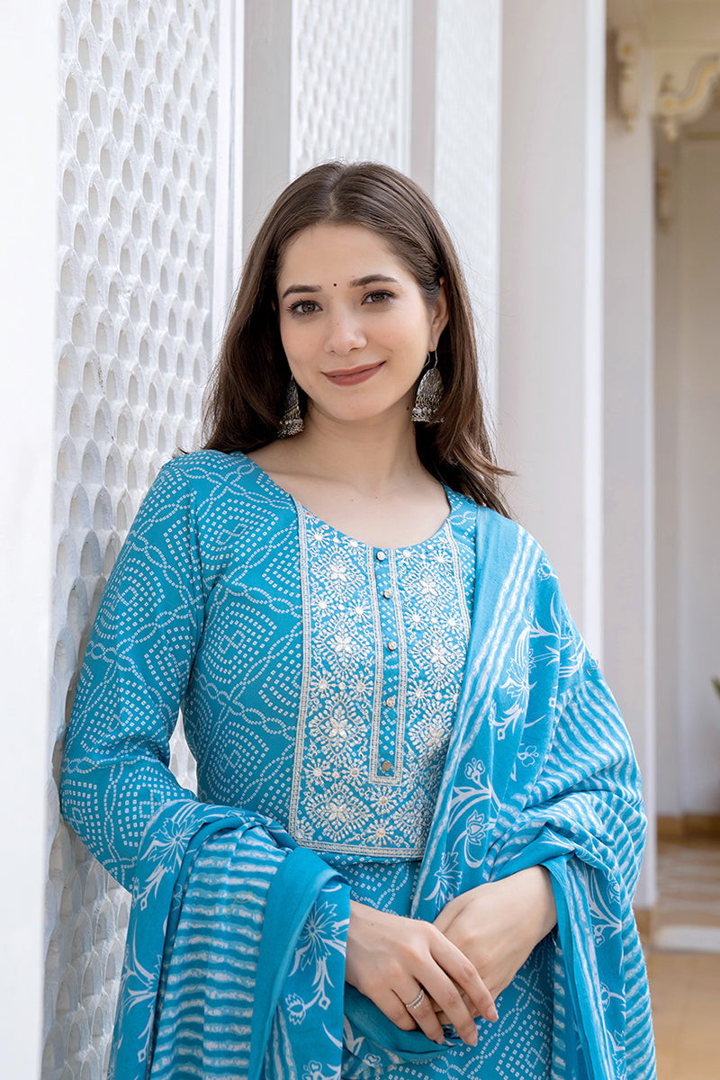 Blue-Viscose-Rayon-Bandhani-Embroidered-Straight-Kurta-Set