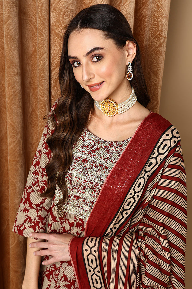 Maroon-Rayon-Blend-Embroidered-Floral-Printed-Straight-Kurta-Set