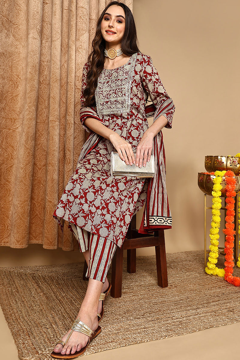Maroon-Rayon-Blend-Embroidered-Floral-Printed-Straight-Kurta-Set