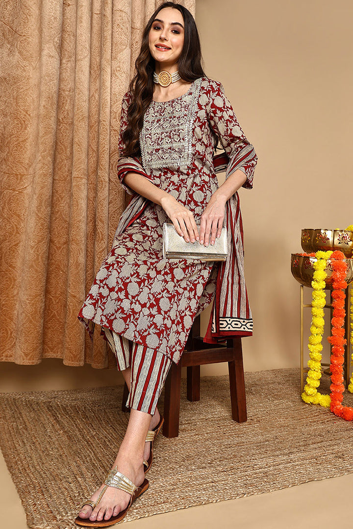 Maroon-Rayon-Blend-Embroidered-Floral-Printed-Straight-Kurta-Set
