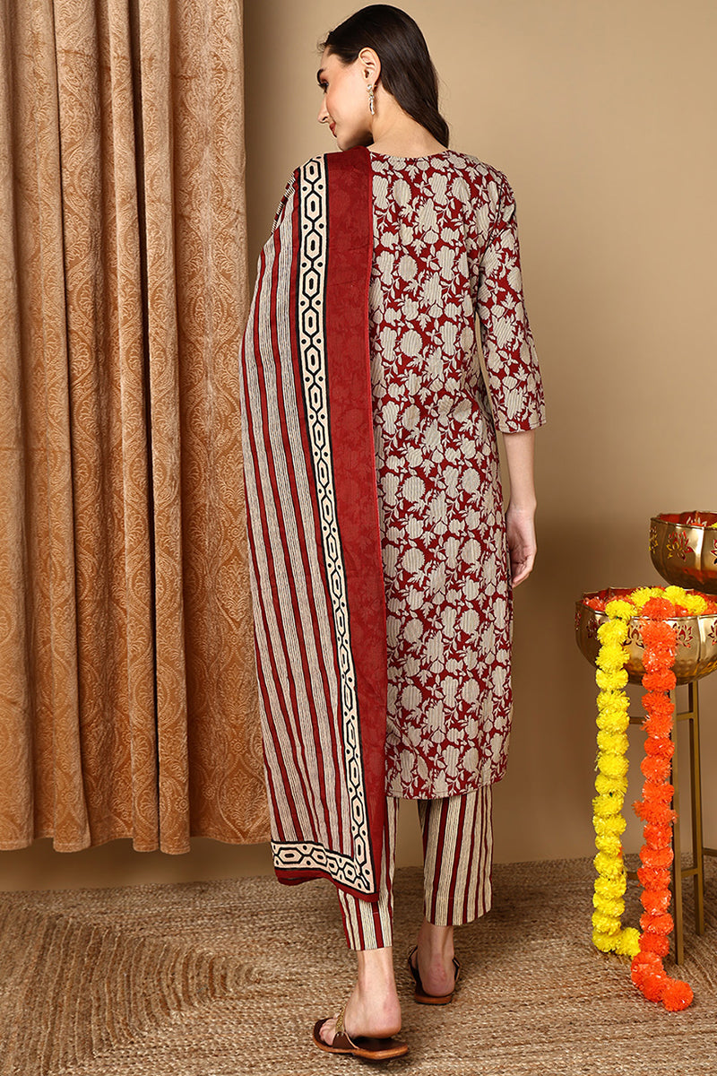 Maroon-Rayon-Blend-Embroidered-Floral-Printed-Straight-Kurta-Set
