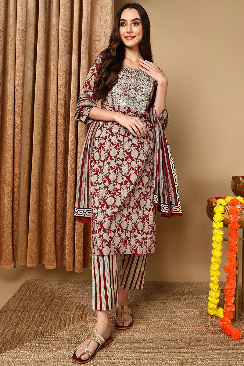 Maroon-Rayon-Blend-Embroidered-Floral-Printed-Straight-Kurta-Set