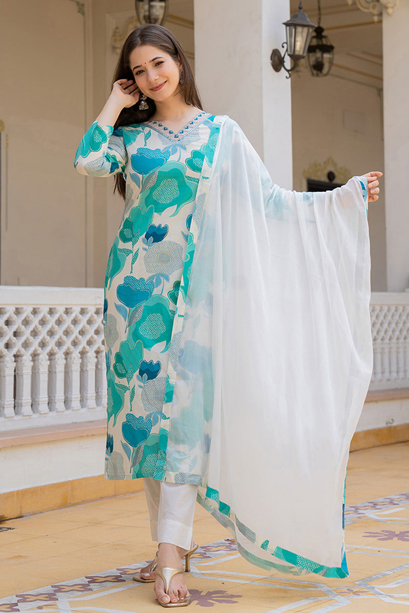 White-Rayon-Blend-Floral-Printed-Straight-Kurta-Set