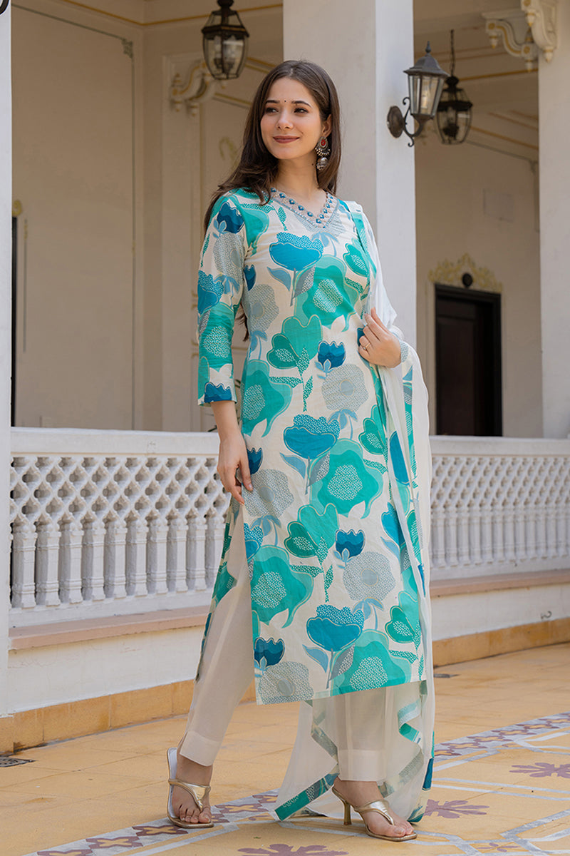 White-Rayon-Blend-Floral-Printed-Straight-Kurta-Set