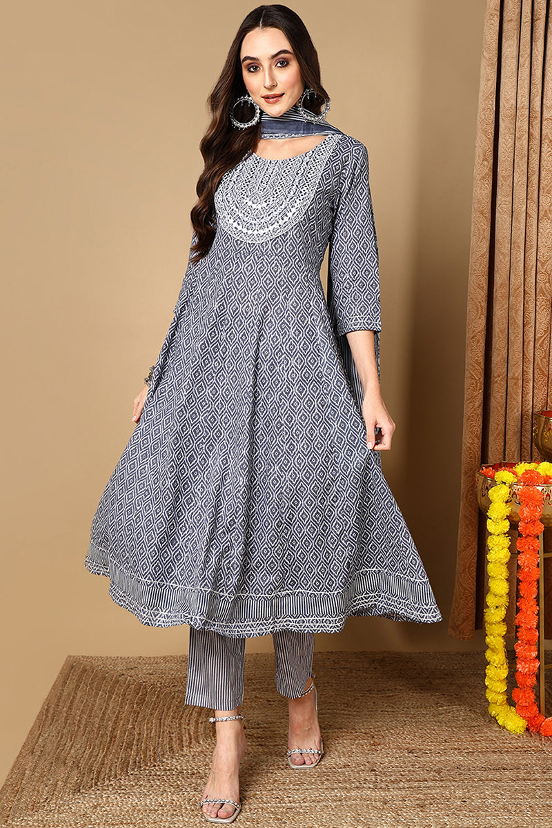 Grey-Rayon-Blend-Geometric-Printed-A-Line-Kurta-Set