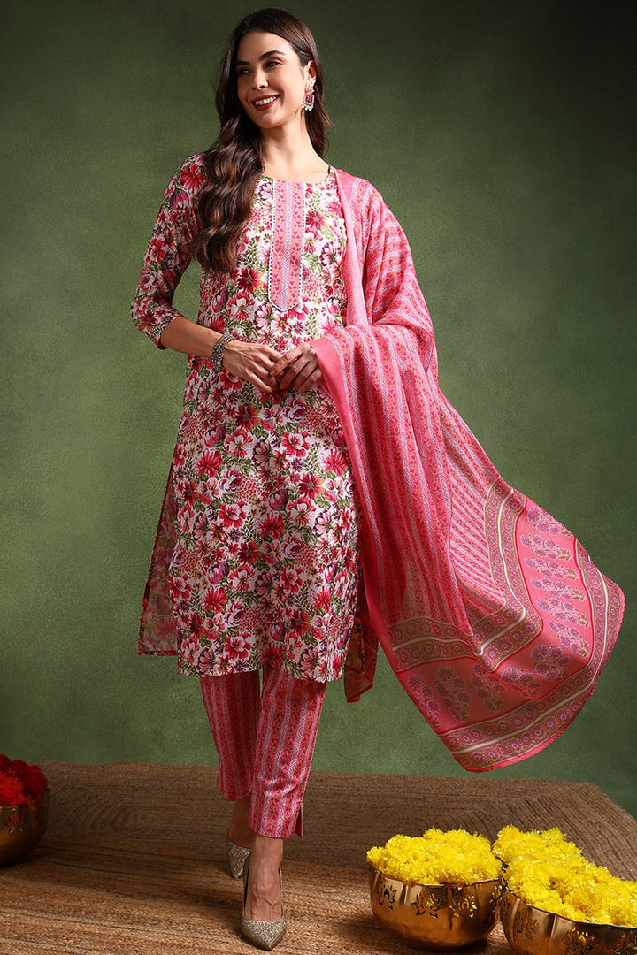 White-Rayon-Blend-Floral-Printed-Straight-3-Piece-Kurta-Set