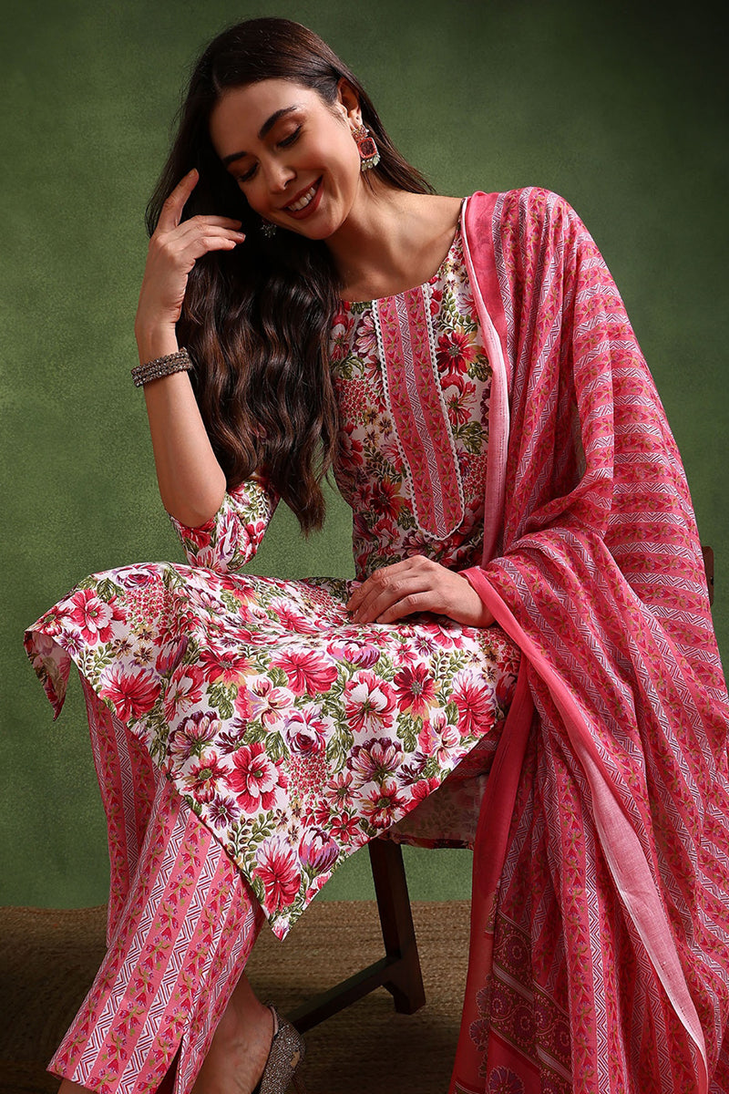 White-Rayon-Blend-Floral-Printed-Straight-3-Piece-Kurta-Set