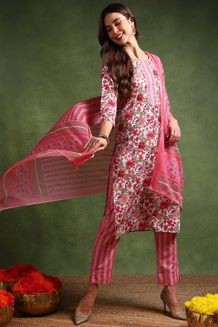 White-Rayon-Blend-Floral-Printed-Straight-3-Piece-Kurta-Set