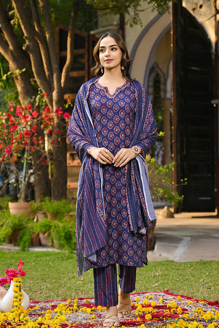 Navy-Blue-Rayon-Blend-Floral-Printed-Straight-3-Piece-Kurta-Set