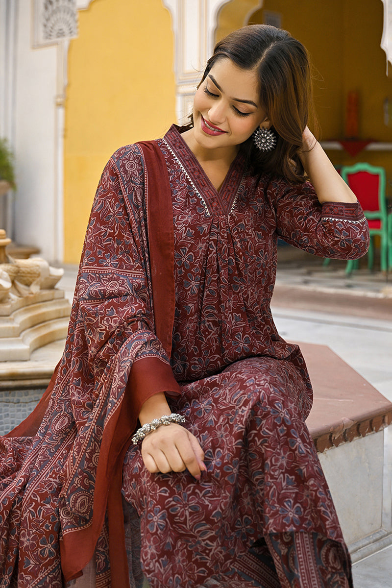 Maroon-Rayon-Blend-Floral-Printed-Straight-3-Piece-Kurta-Set