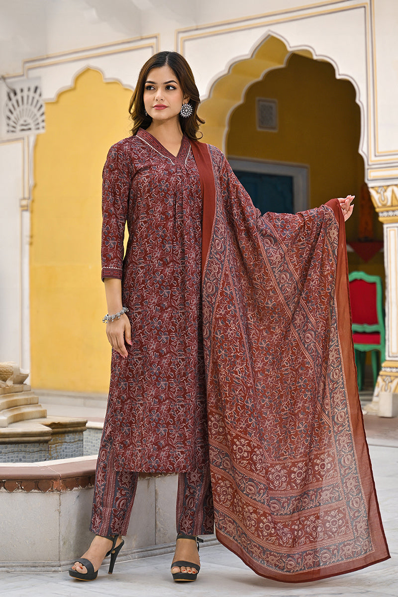 Maroon-Rayon-Blend-Floral-Printed-Straight-3-Piece-Kurta-Set