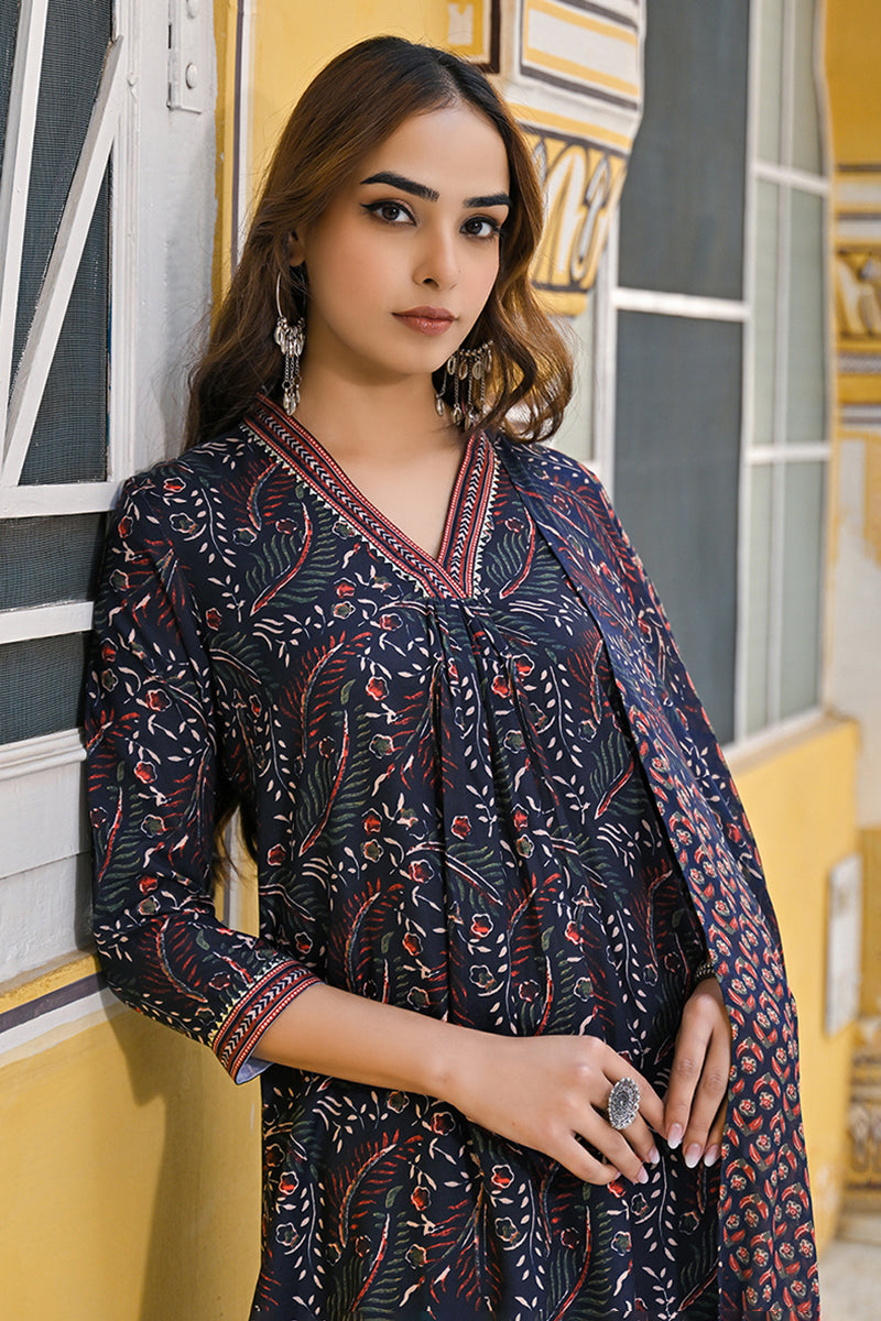 Navy-Blue-Rayon-Blend-Floral-Printed-Straight-3-Piece-Kurta-Set