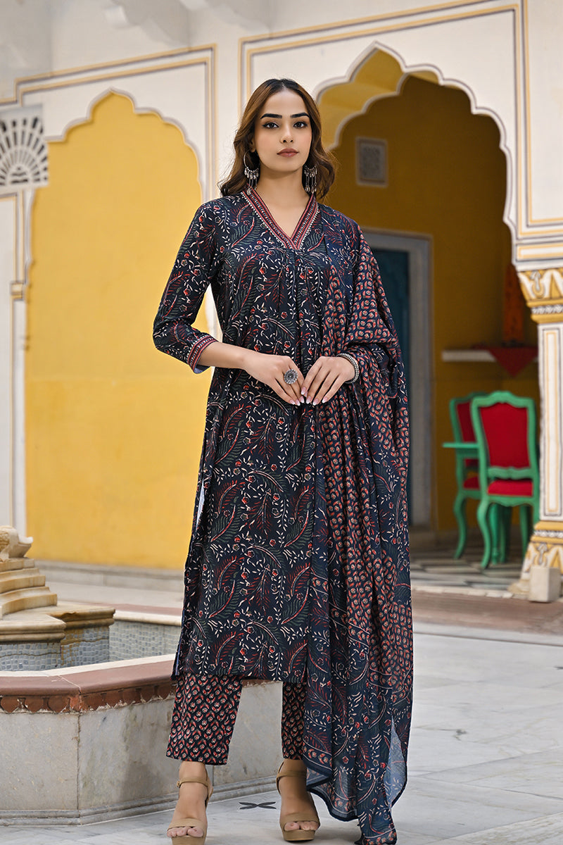 Navy-Blue-Rayon-Blend-Floral-Printed-Straight-3-Piece-Kurta-Set