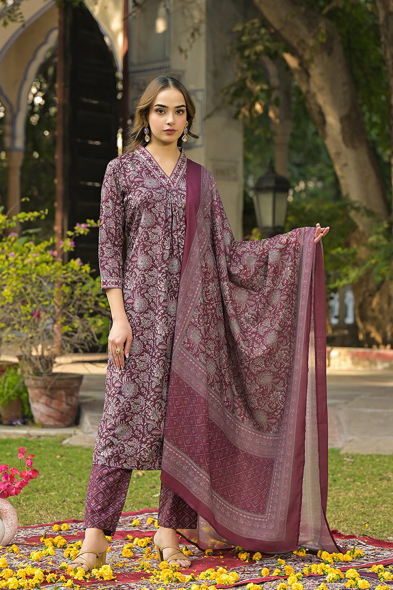 Burgundy-Rayon-Blend-Floral-Printed-Straight-3-Piece-Kurta-Set