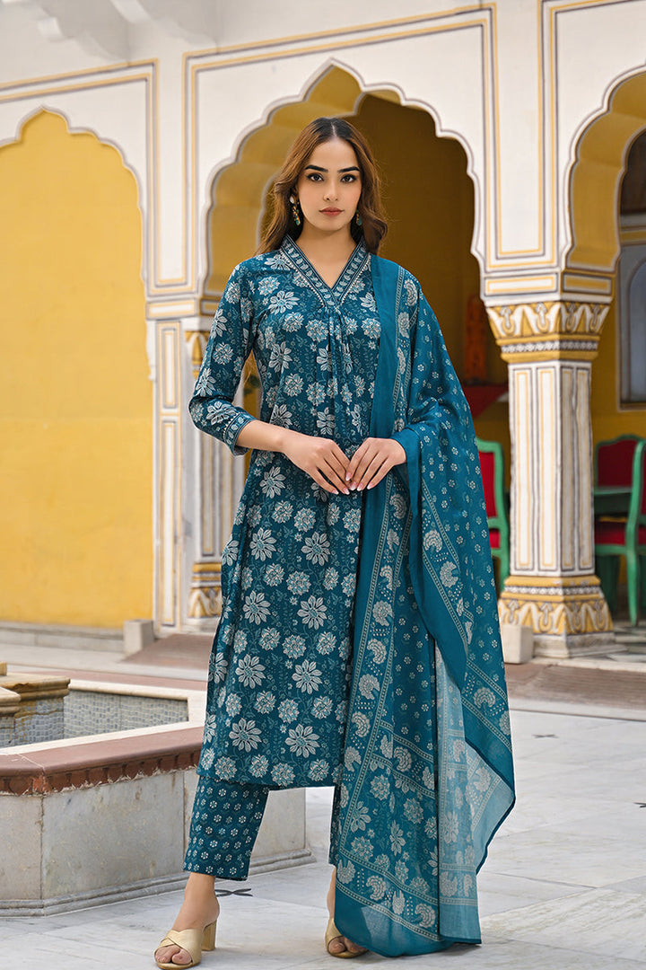 Blue-Rayon-Blend-Floral-Printed-Straight-3-Piece-Kurta-Set