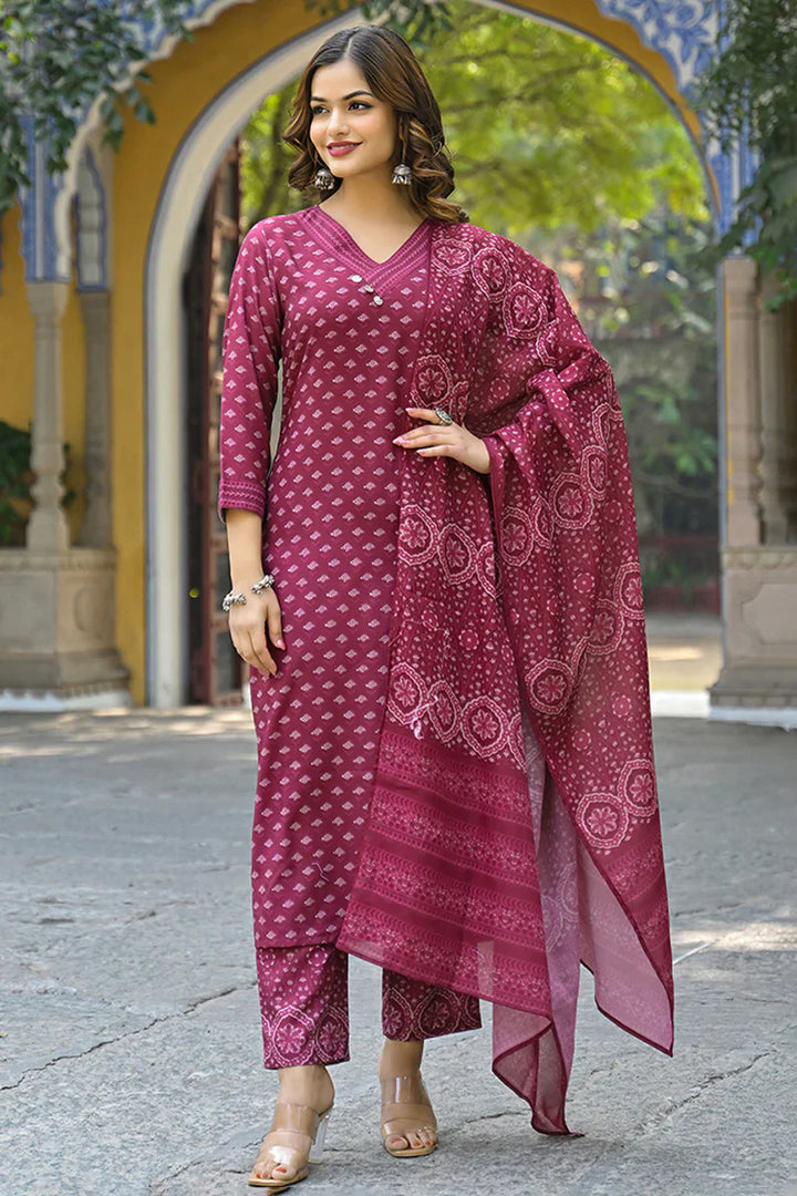 Maroon Cotton Blend Floral Printed Straight Kurta Trousers With Dupatta