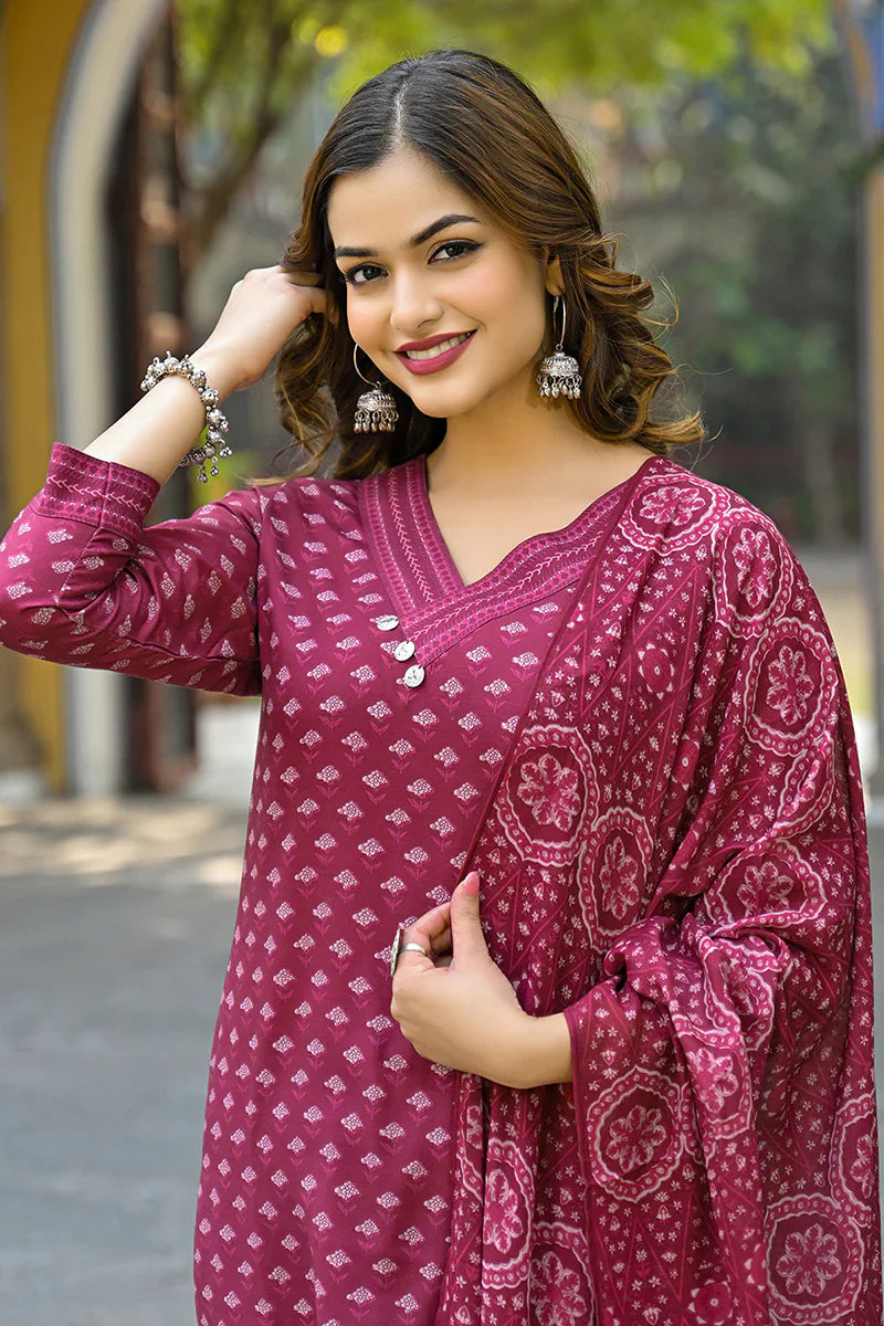 Maroon Cotton Blend Floral Printed Straight Kurta Trousers With Dupatta