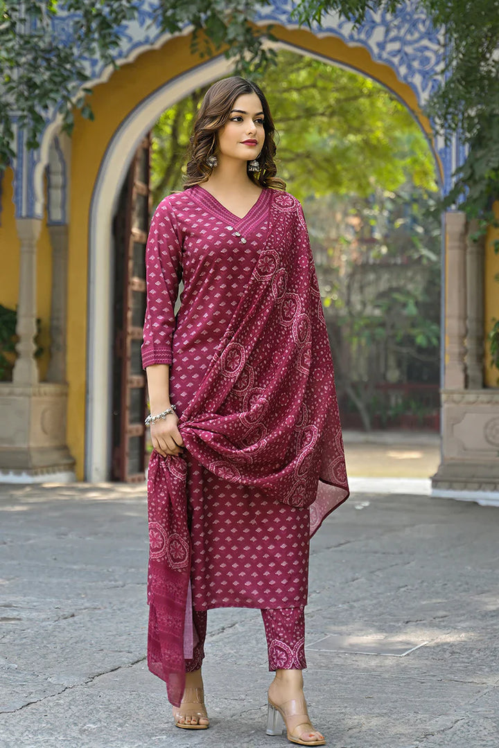 Maroon Cotton Blend Floral Printed Straight Kurta Trousers With Dupatta