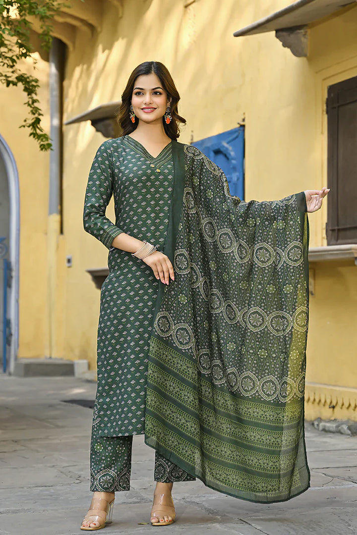 Green Cotton Blend Floral Printed 3-Piece Suit Set