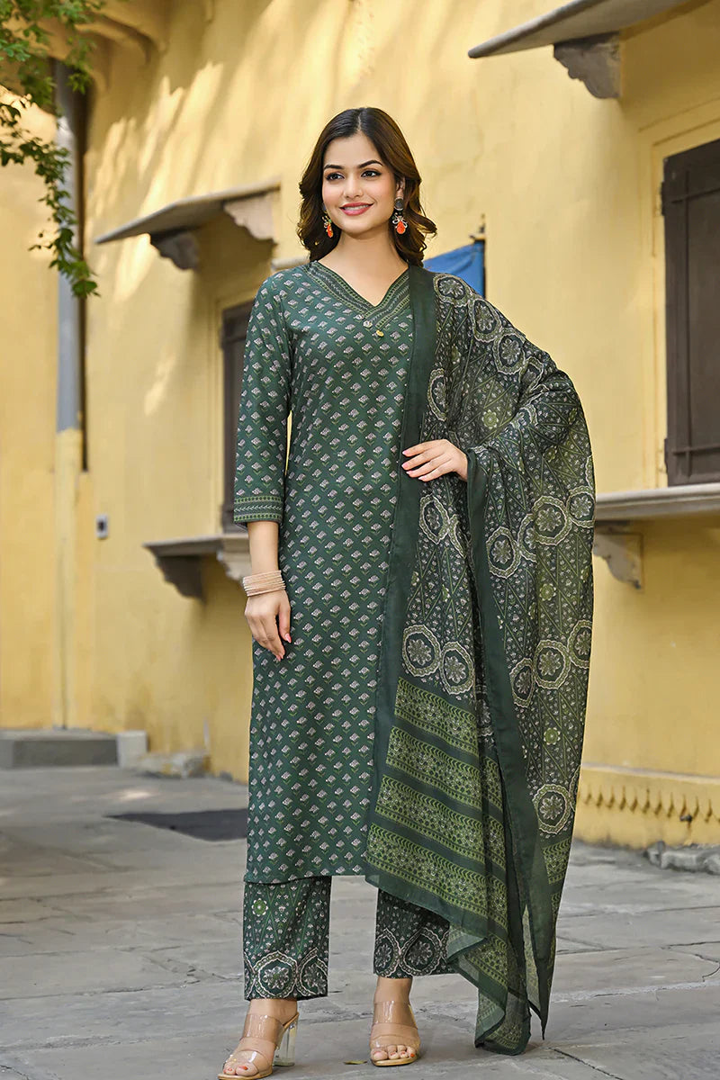 Green Cotton Blend Floral Printed 3-Piece Suit Set