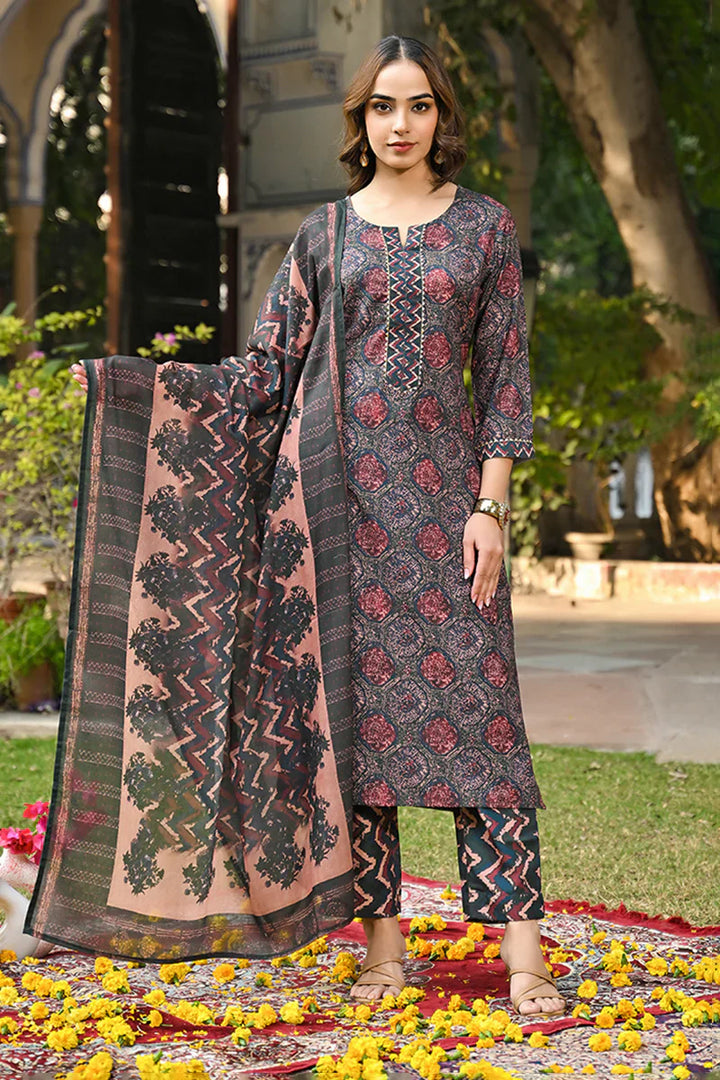 Multicolored Cotton Blend Floral Printed Straight Kurta Trousers With Dupatta