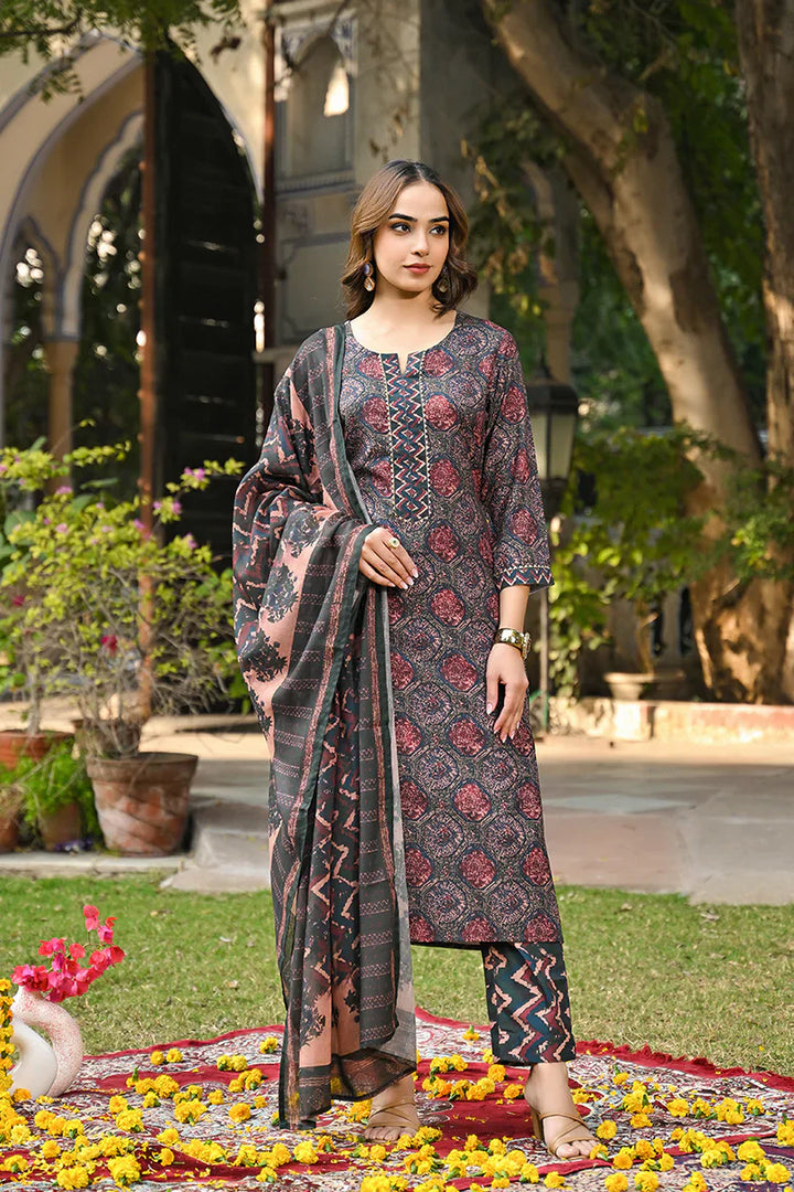 Multicolored Cotton Blend Floral Printed Straight Kurta Trousers With Dupatta