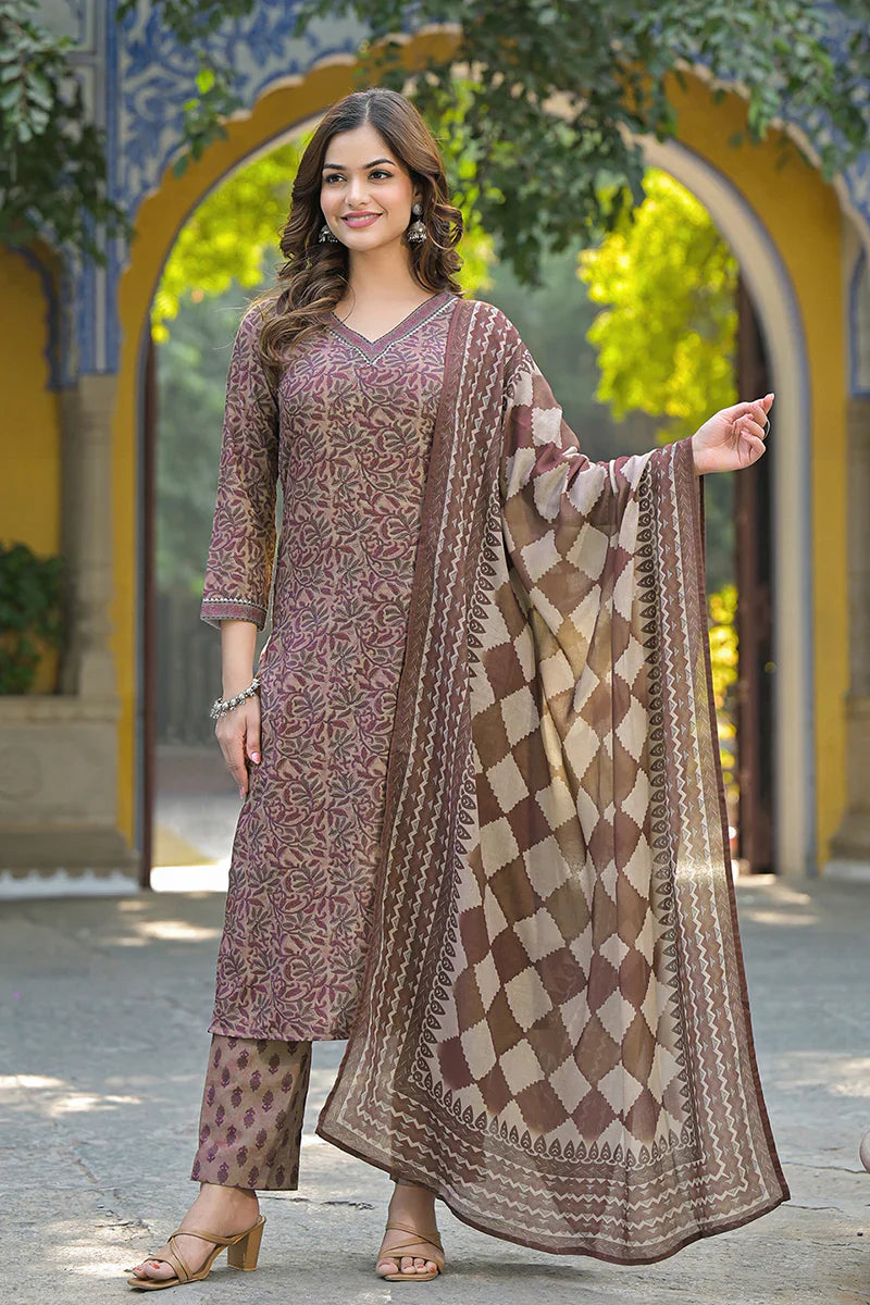 Brown Cotton Blend Floral Printed Straight Kurta Trousers With Dupatta