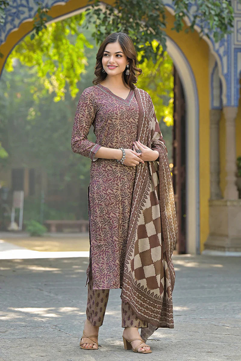 Brown Cotton Blend Floral Printed Straight Kurta Trousers With Dupatta