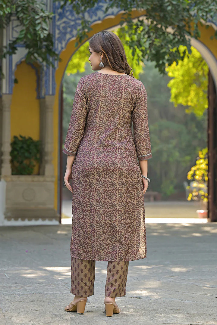 Brown Cotton Blend Floral Printed Straight Kurta Trousers With Dupatta