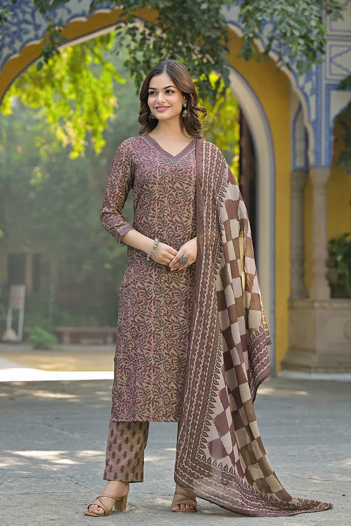 Brown Cotton Blend Floral Printed Straight Kurta Trousers With Dupatta