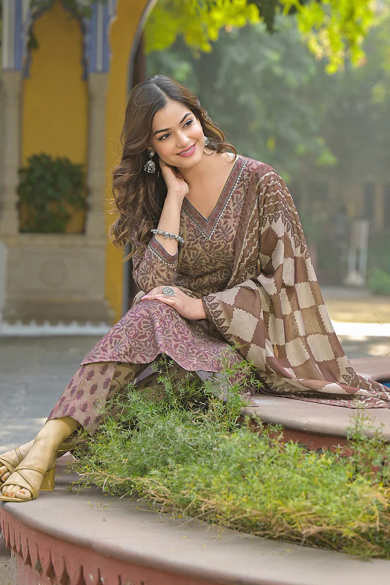 Brown Cotton Blend Floral Printed Straight Kurta Trousers With Dupatta