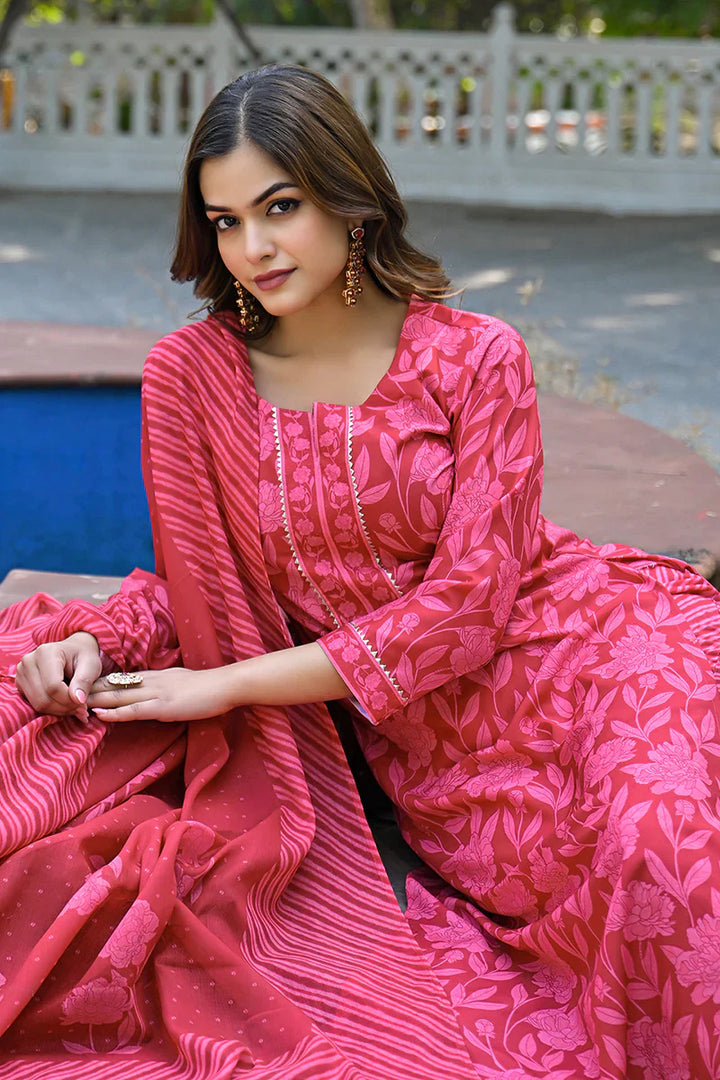 Red Cotton Blend Floral Printed Straight Kurta Trousers With Dupatta