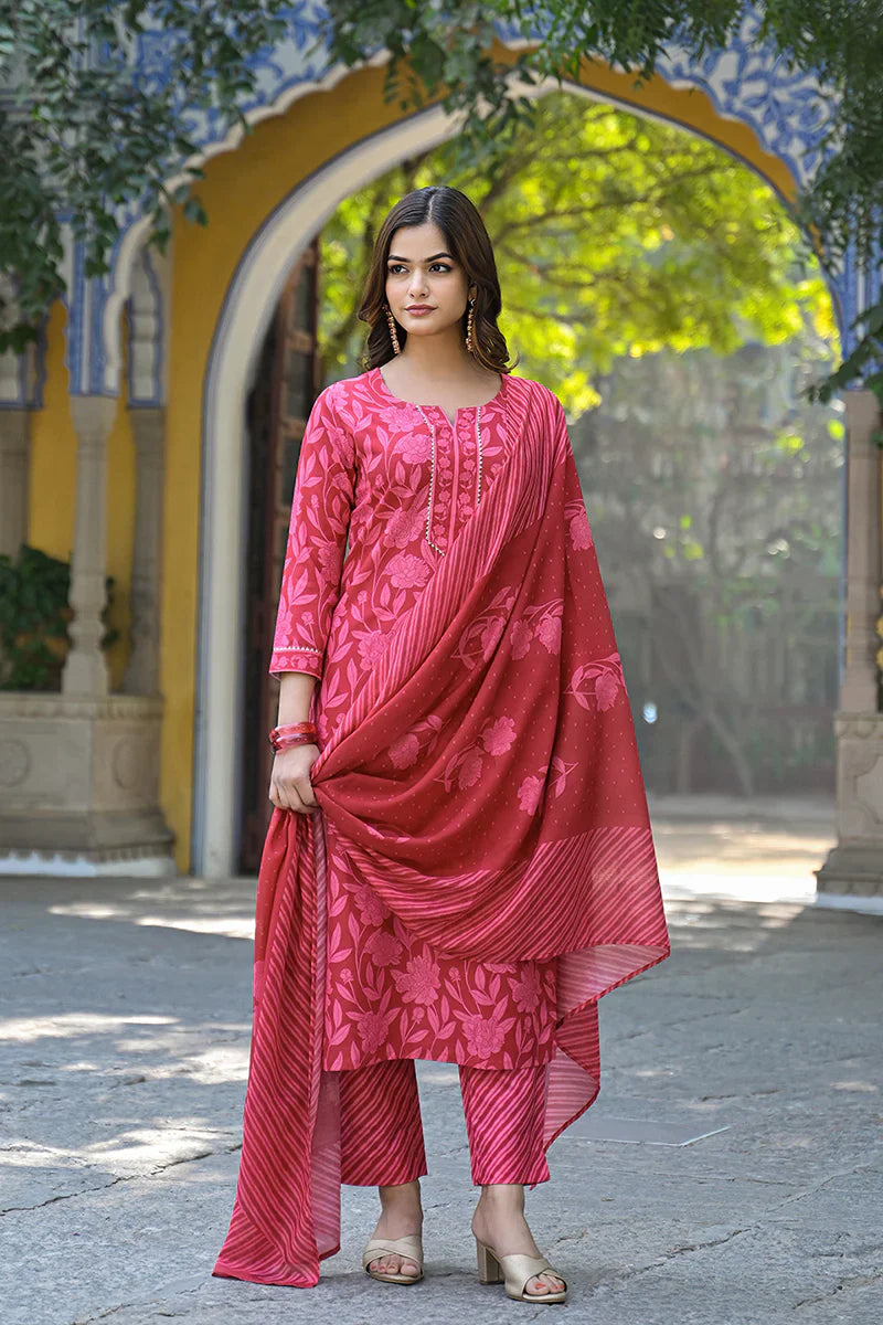 Red Cotton Blend Floral Printed Straight Kurta Trousers With Dupatta