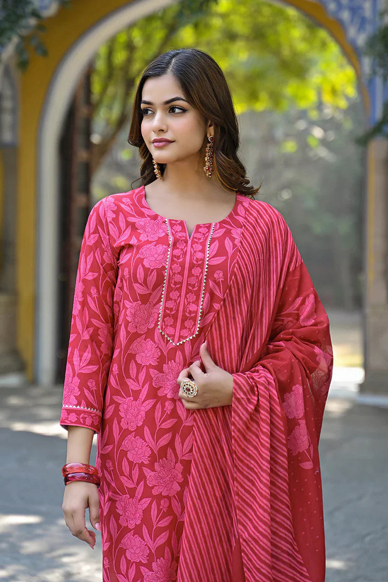 Red Cotton Blend Floral Printed Straight Kurta Trousers With Dupatta