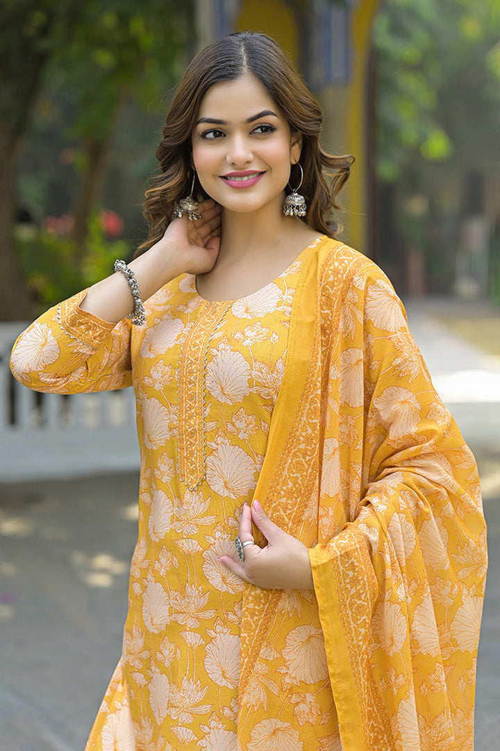 Yellow-Rayon-Blend-Floral-Printed-Straight-3-Piece-Kurta-Set