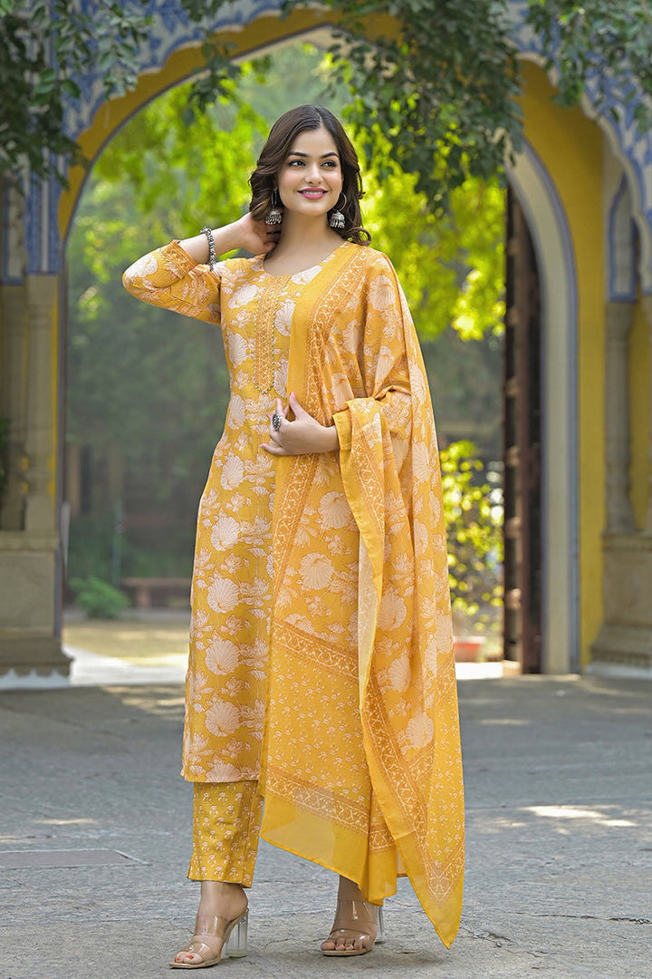 Yellow-Rayon-Blend-Floral-Printed-Straight-3-Piece-Kurta-Set