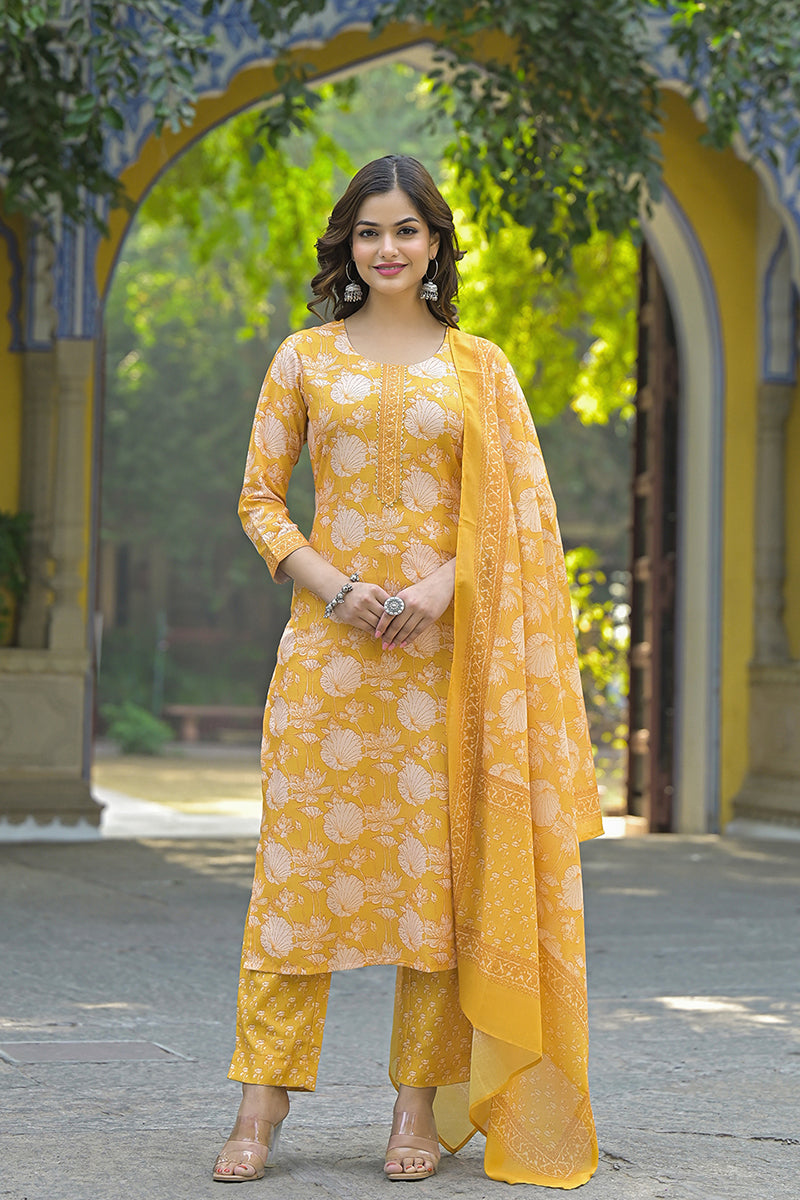 Yellow-Rayon-Blend-Floral-Printed-Straight-3-Piece-Kurta-Set